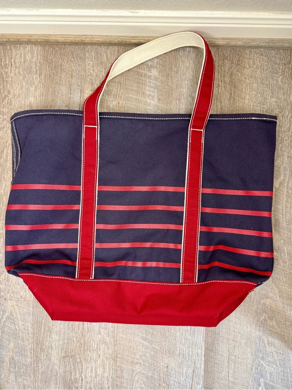 Lands' End Large Striped Canvas Boat Tote Bag Navy Red Monogram CDS 18